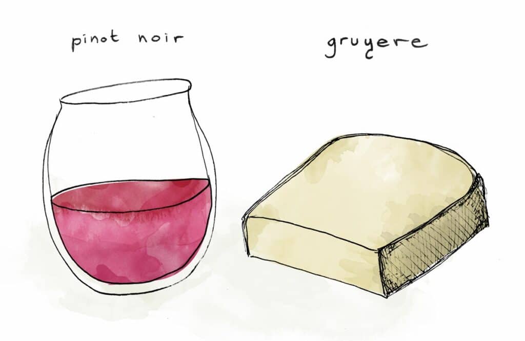 Namaľovaný pohárik červeného vína spolu s kusom syra.