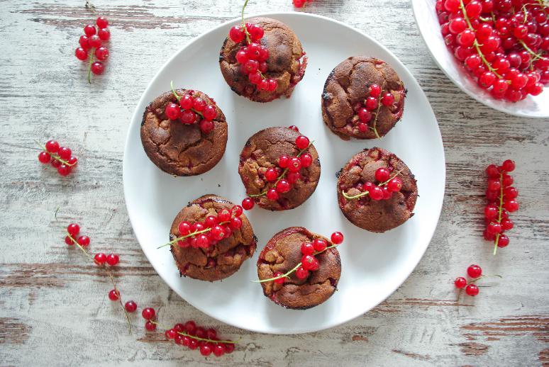 Muffiny ozdobené červenými ríbezľami servírované na tanieri a vedľa rozložené čerstvé ríbezle.